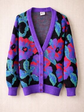 Vintage 90s Aileen Floral Cardigan Women M NWOT Made USA Purple Statement Sweate